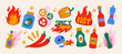 © Limpreom - Spicy food shapes in retro cartoon style. Condiments and peppers: chili, hot sauce, flames, jalapeno. Hot taste stickers, illustration in funky, doodle style, trendy sticker set.