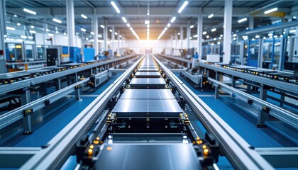 Modern manufacturing facility showcasing automated assembly line with vibrant sunset in background