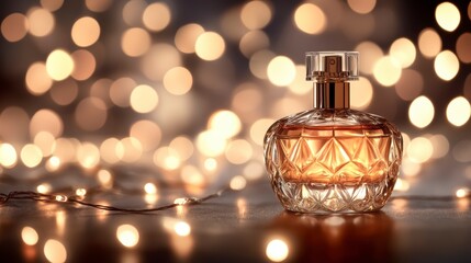 Wall Mural - elegant perfume bottle with warm bokeh lights.