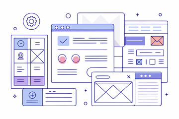 User interface elements for web design, including flat icons, buttons, navigation menus, and login form templates, as a vector illustration set for business website layouts
