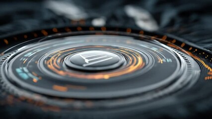 Close-up of a futuristic circular interface with concentric rings, glowing orange accents, and a central button.  Detailed display and layered design