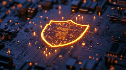 Poster - glowing shield icon on a circuit board, symbolizing cybersecurity and digital protection.