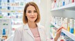 © Nazlykhan - Female caucasian pharmacist in pharmacy aisle with medicine shelves