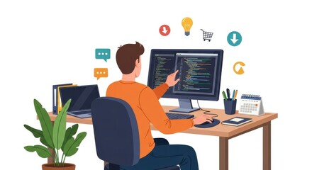 A programmer is coding on a computer at his desk