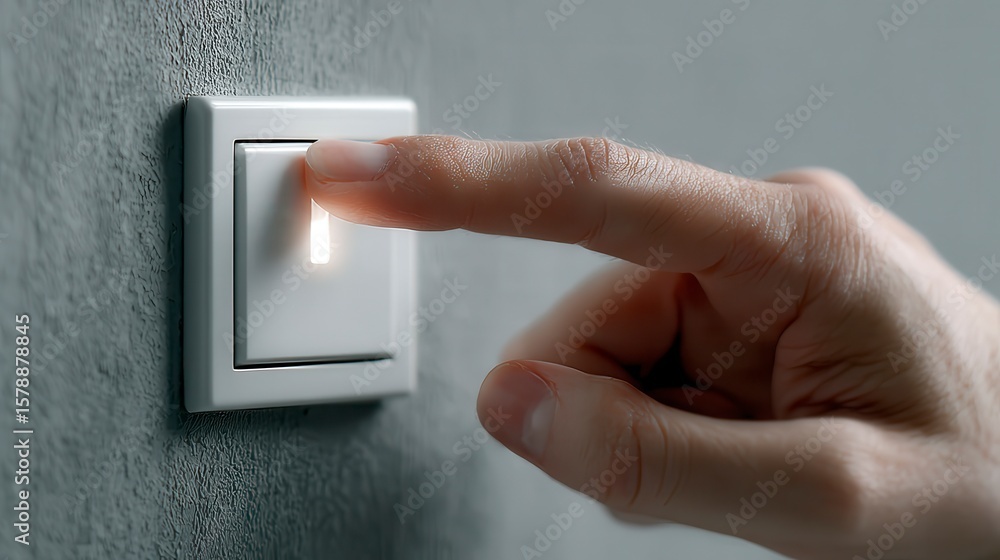 Close-up of a human finger pressing a glowing light switch on a textured wall, representing control, electricity, and home automation.
