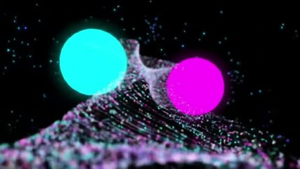 Wall Mural - abstract animation of cyan and magenta spheres interacting with particle streams on black backdrop c