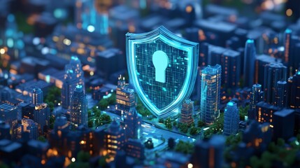 Wall Mural - futuristic city protected by a glowing digital shield with a keyhole, symbolizing cybersecurity and 