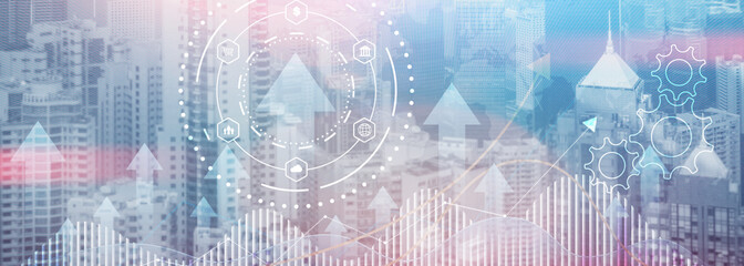 Wall Mural - business process automation concept. gears and icons on abstract city background