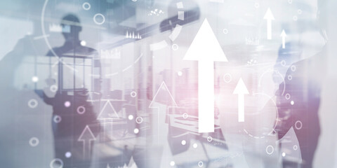 Wall Mural - business intelligence dashboard and arrows up, key performance indicators on a virtual screen comput