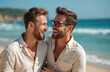 © Viktor - Happy gay couple smiling laughing on beach, sunny vacation. Two men, embracing enjoy summer, sea, sand. Portrait of joyful loving male partners on vacation. LGBTQ love, relationship concept.