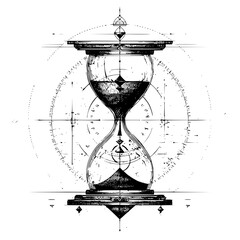 Wall Mural - detailed sketch of an hourglass with sand flowing and geometric designs in the background art style