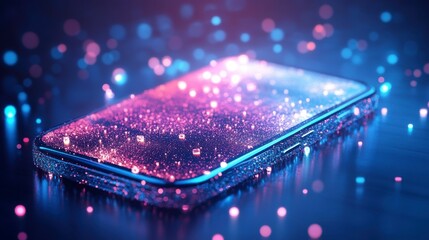 Wall Mural - futuristic smartphone displaying glowing particles.