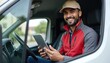 © Viktor - Happy Indian courier uses tablet van. Smiling man driver checks delivery route. Pro delivery service in city. Fast logistics, online orders, modern technology.