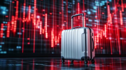 Wall Mural - silver suitcase against a backdrop of fluctuating red and blue stock market data.