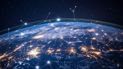 Wall Mural - global network connections visualized over earth at night, showing city lights and constellations.