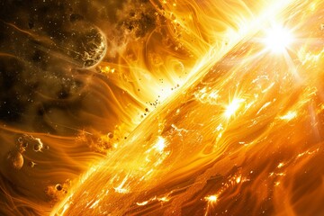Wall Mural - golden planet exploding in space with asteroids passing by and bright light shining