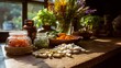 © Sami - A serene kitchen scene featuring an assortment of colorful herbal supplements and fresh ingredients, illuminated by warm sunlight.