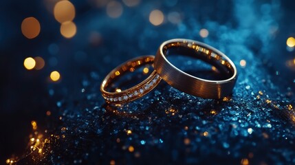 Canvas Print - two gold wedding rings with diamonds on dark blue sparkling background. (1)