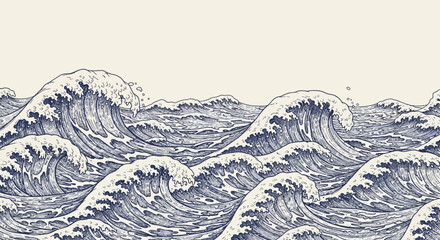 Wall Mural - detailed ocean wave engraving a seamless blue and white nautical pattern for backgrounds and designs