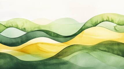Wall Mural - abstract watercolor painting of flowing green and yellow waves.