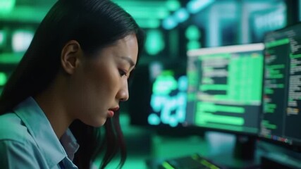 Focused Asian Programmer Working in Dark Cyber Security Center with Green Lighting