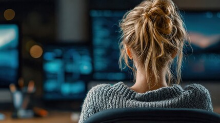 Woman works on several computer monitors in a dark office