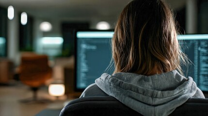 Woman sitting at computer writing code at night in Office