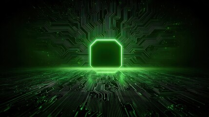 Wall Mural - futuristic green technology background with glowing circuit board patterns and digital data streams