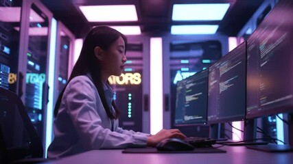 Focused Software Engineer Working in a Modern Server Room Environment Coding