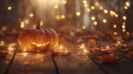 Wall Mural - illuminated jack-o'-lantern on rustic wooden surface with autumn leaves and bokeh lights.