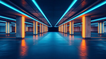 Wall Mural - neon-lit underground parking garage with vibrant blue and orange lighting, reflecting on the glossy 