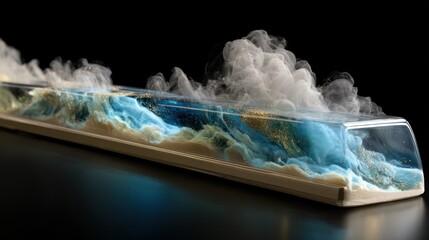 Abstract, rectangular, transparent display case, filled with liquid, swirling, blue and gold marbled, ocean-like design, with smoke rising from the top