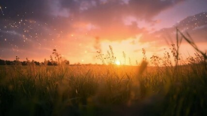 Golden sunset over a field with tall grass and a cloudy sky with sparkles in the distance view scene landscape video