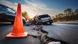 © Curtis - a bright traffic cone marks the site of a devastating car crash on a road