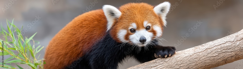 Friendly Red Panda Climbing on Branch in Natural Habitat with Lush Greenery and Soft Focus Background
