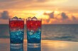 © Supernova - A photo of two colorful drinks with ice in glasses on the table, near an outdoor pool.