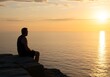 © AdityaGM - Man Contemplating Sunset Over the Water from Clifftop. Generative Ai