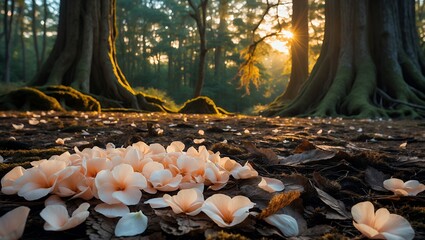 Flower petals in forest with sunlight shining through trees