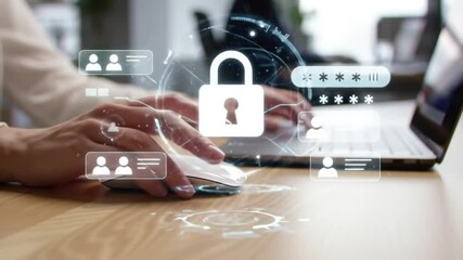 Data Security Woman Working on Laptop with Padlock Security Icon Overlay, Protecting Login Personal Information
