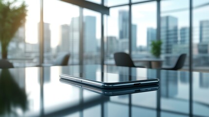 Sticker - smartphone rests on a glass table in a modern office overlooking a city.