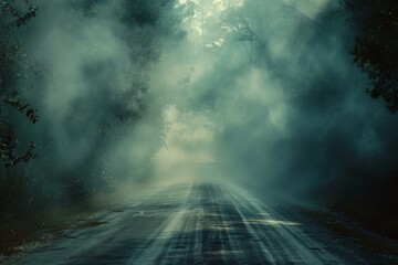 Wall Mural - Fog entering empty road surrounded by dark forest at night