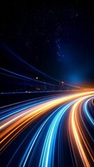 Wall Mural - Abstract cosmic roadway illustration with light streaks and a starry night sky above, representing movement, transportation, and the future.