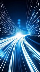 Wall Mural - binary code data stream flows through illuminated blue tunnel, creating digital information highway,