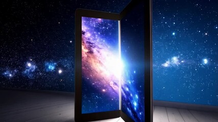 Wall Mural - Digital tablet displaying a vibrant nebula and shining star, concept of virtual window into space and cosmos, modern technology.