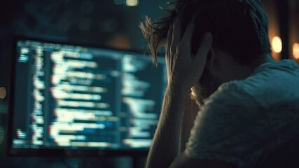 Programmer Frustration: A programmer sits at his desk, hands covering his face, overwhelmed by lines of code on his computer screen. The dim lighting adds to the feeling of stress and exhaustion.