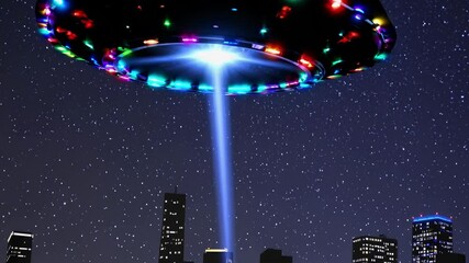 Wall Mural - glowing unidentified flying object with multicolored lights is flying over city skyline at night, pr