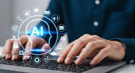 A person is typing on a laptop with an ai interface showing the concept of artificial intelligence