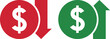 © Volodymyr - Money increase and decrease icons. Low or high total cost icon. Price, sale, rate or profit going up or down symbol with arrow and dollar sign. Vector illustration.