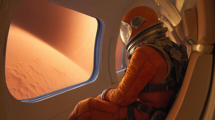 Wall Mural - an astronaut in an orange suit gazes out the spacecraft window at the vast martian landscape. prepar