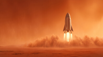 Wall Mural - a rocket propels into the martian atmosphere, kicking up dust and demonstrating humanity's commitmen